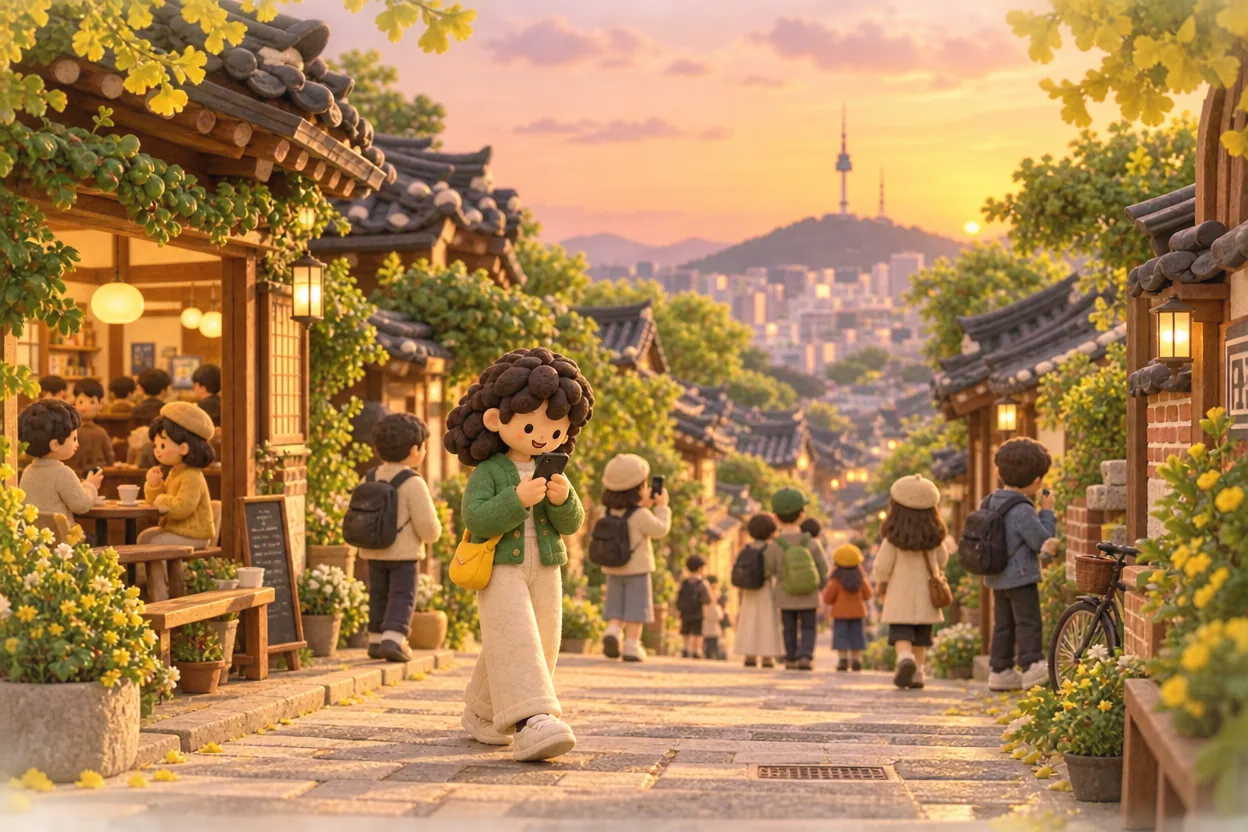 Clay illustration of a curly-haired traveller in a green cardigan, cream trousers and yellow crossbody bag checking her phone on a stone lane of hanok houses at golden hour, with a café, other visitors and N Seoul Tower on a hill in the distance.